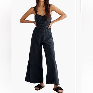 Free People After All Ruched Black wide legged Jumpsuit, sz L